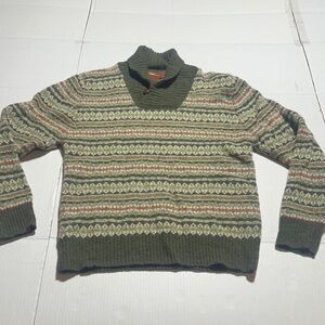 Vintage Bob Timberlake Olive wool Green Patterned Sweater w button ribbing cuffs